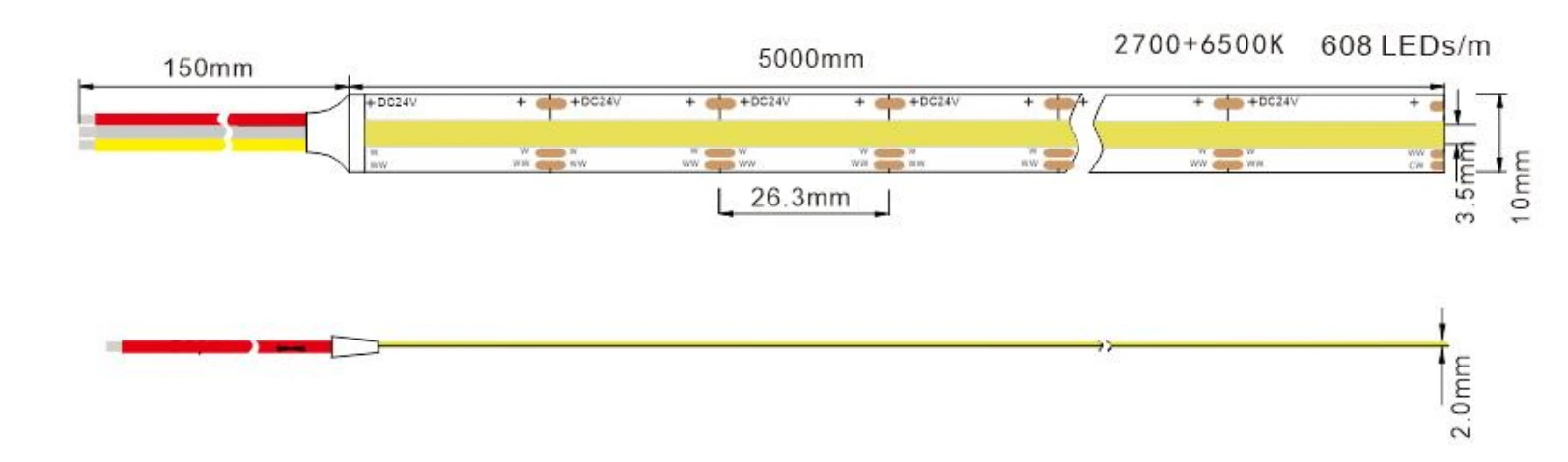 Dimension Drawing of 5m DC24V 2700K-6500K CCT COB LED Strip Light
