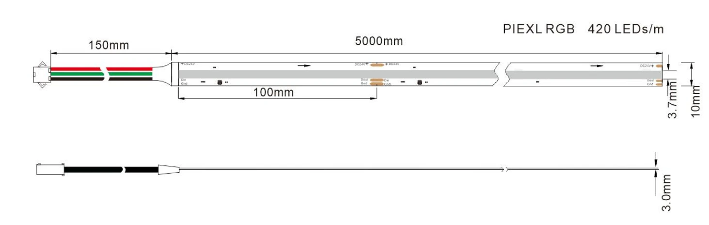 Addressable RGB COB LED Strip Light Product Dimension Drawing