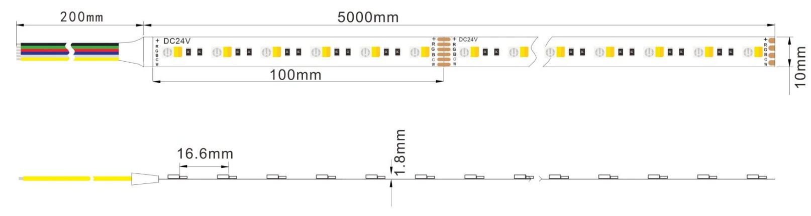 Dimension specification of DC24V 10mm RGBCW LED strip light with 5m length and 100mm cut interval