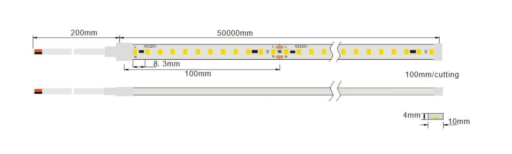 120 LEDs/m AC220V High Voltage LED Strip Light Technical Dimensions