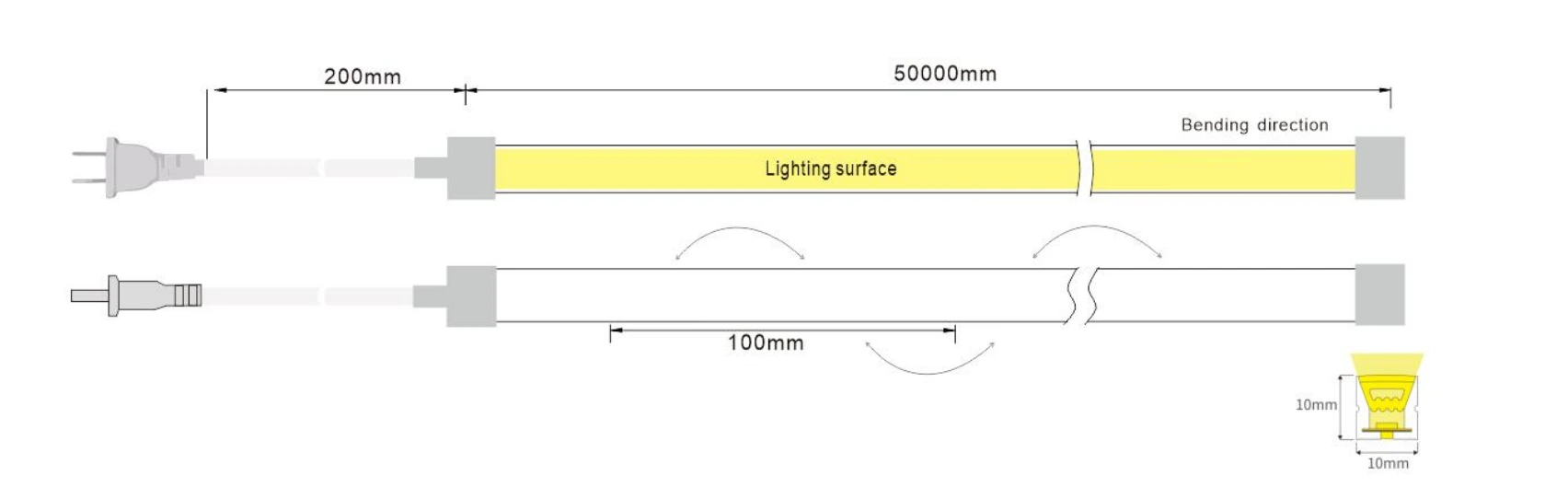 High Voltage Neon LED Strip Light Overall Size & Cutting Dimension Drawing