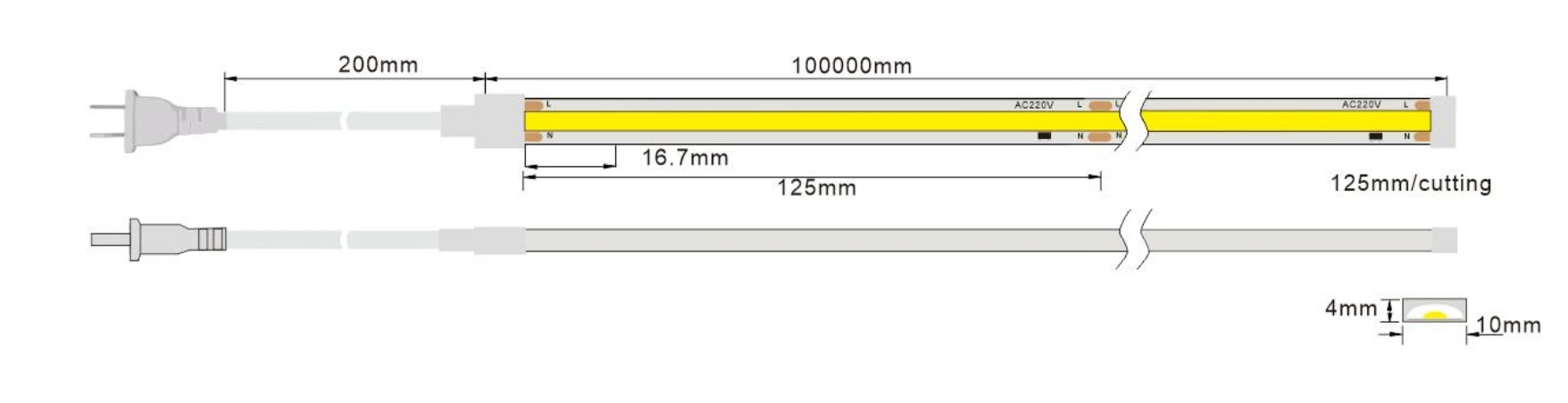 High Voltage COB LED Strip Lights Dimensions with Cutting Unit & Cross Section