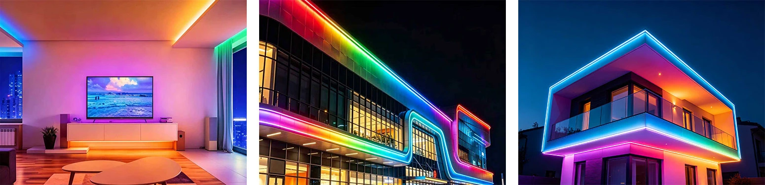 Addressable RGB LED strip applications for indoor and outdoor building lighting