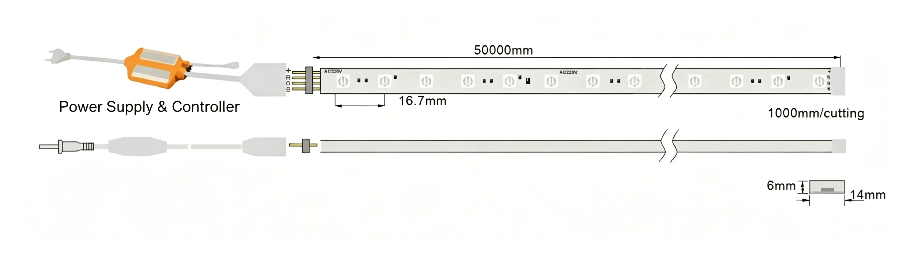 High Voltage RGB LED Strip Lights Dimensions Diagram with Cutting Unit