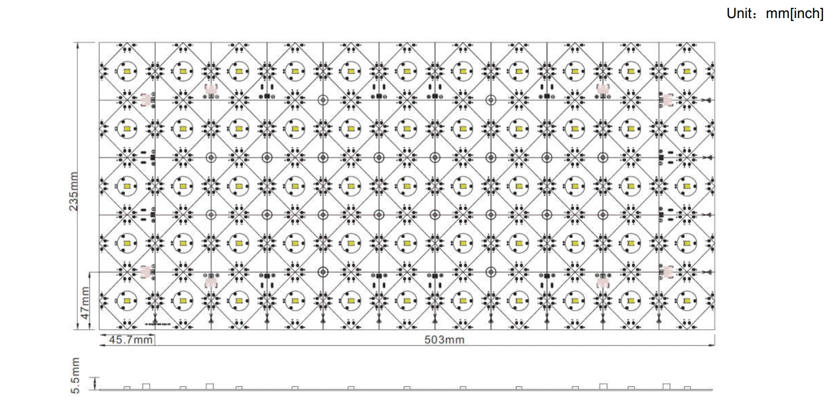 55 LEDs Flexible LED Light Sheet dimension drawing for light box, overall size 503mm x 235mm, cuttable unit 45.7mm, thickness 5.5mm, mm and inch units