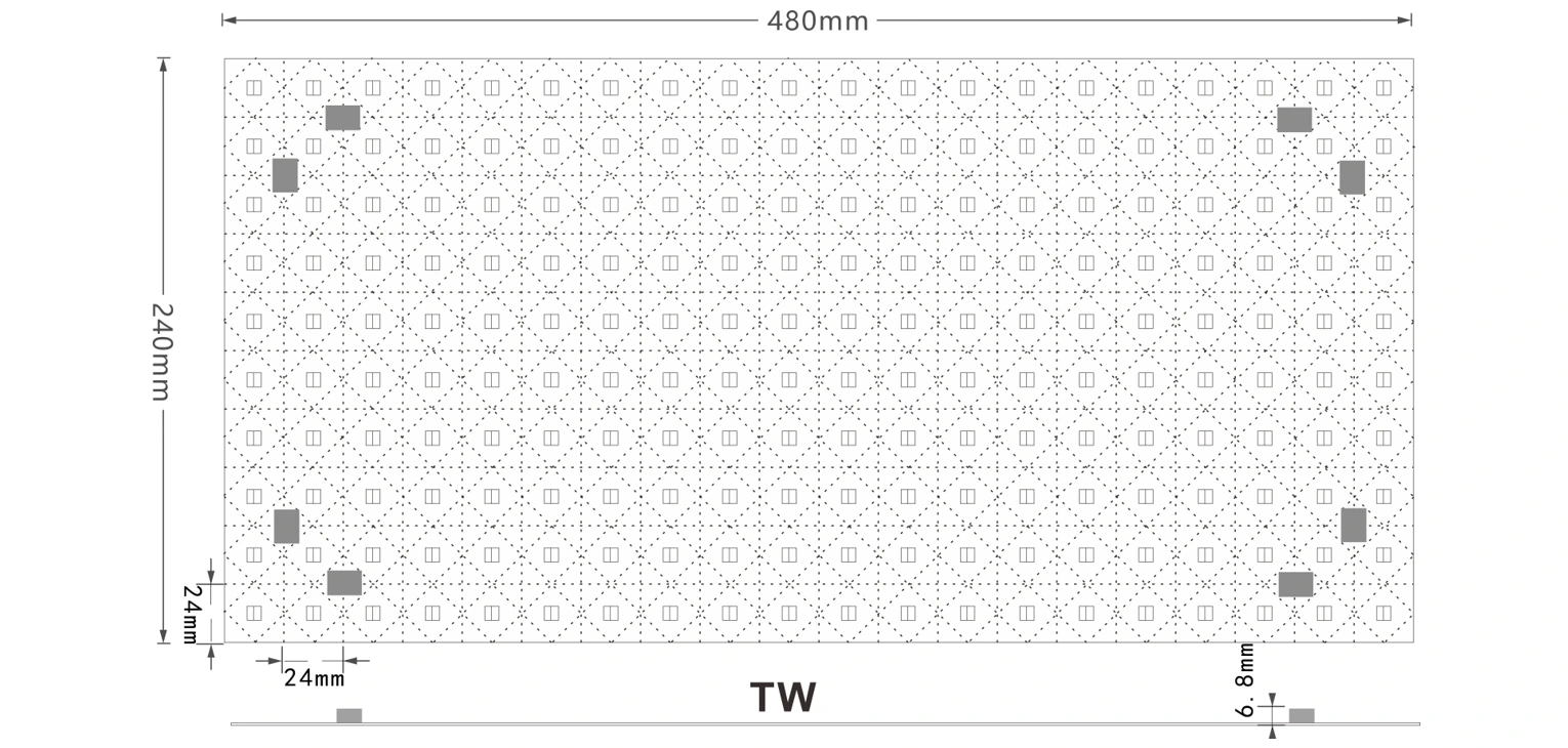 Dimension drawing of flexible tunable white LED light sheet, with detailed specifications: 480x240mm panel size, 24mm LED pitch and 6.8mm ultra-thin thickness