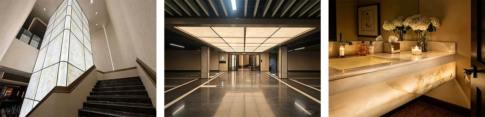 Infographic showing 3 recommended applications for flexible tunable white LED light sheet: premium adjustable light boxes, luminous stretch ceiling systems, and backlit onyx marble with real project examples