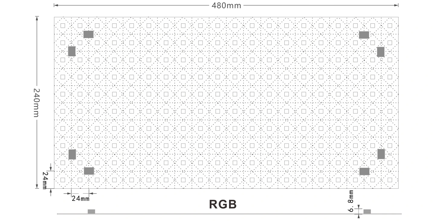 RGB LED Light Sheet Dimension Specification Drawing | Standard 480mm x 240mm cuttable FPC backlight panel with 24mm LED pitch and 6.8mm thickness