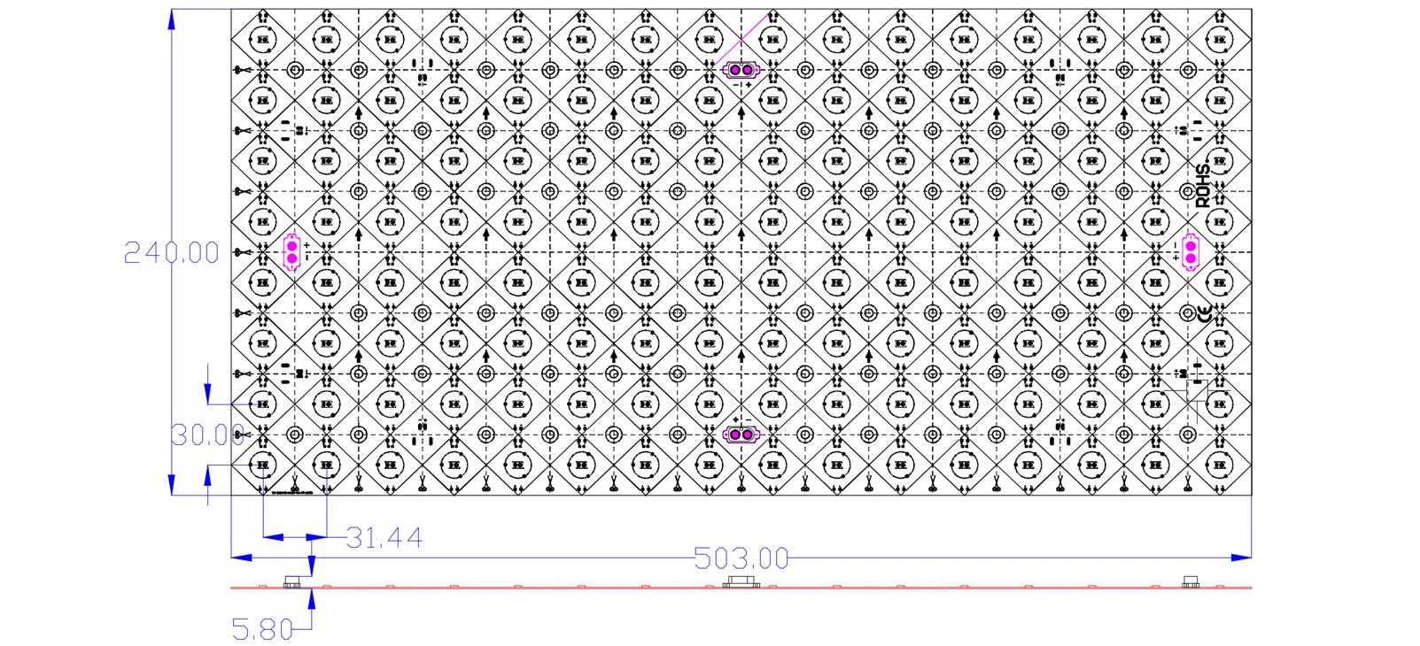 Long Cascade LED Light Sheet dimension specification diagram