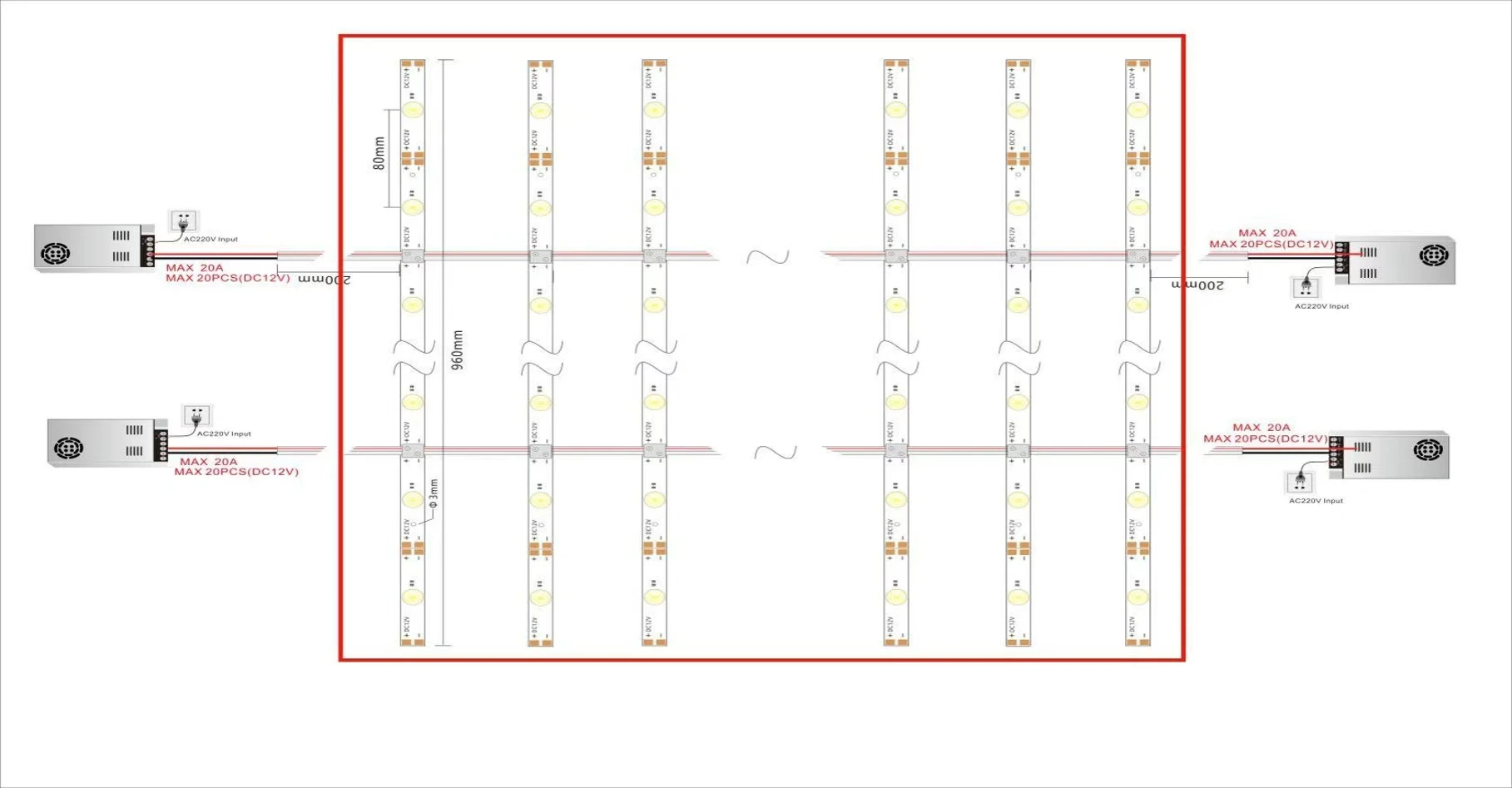 DF60 long cascade shutter LED bar DC12V wiring layout for oversized light boxes