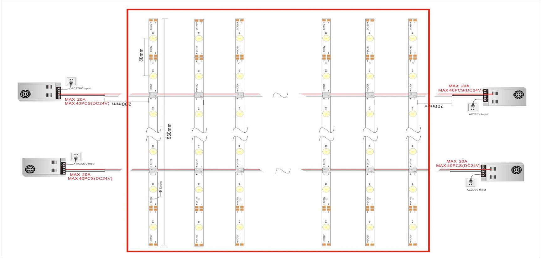 DF60 shutter LED bar DC24V ultra long cascading wiring schematic for mall billboards