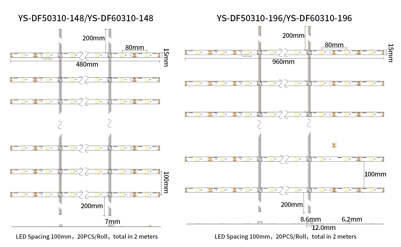 100mm spacing layout comparison of DF series shutter LED bar 480mm & 960mm length