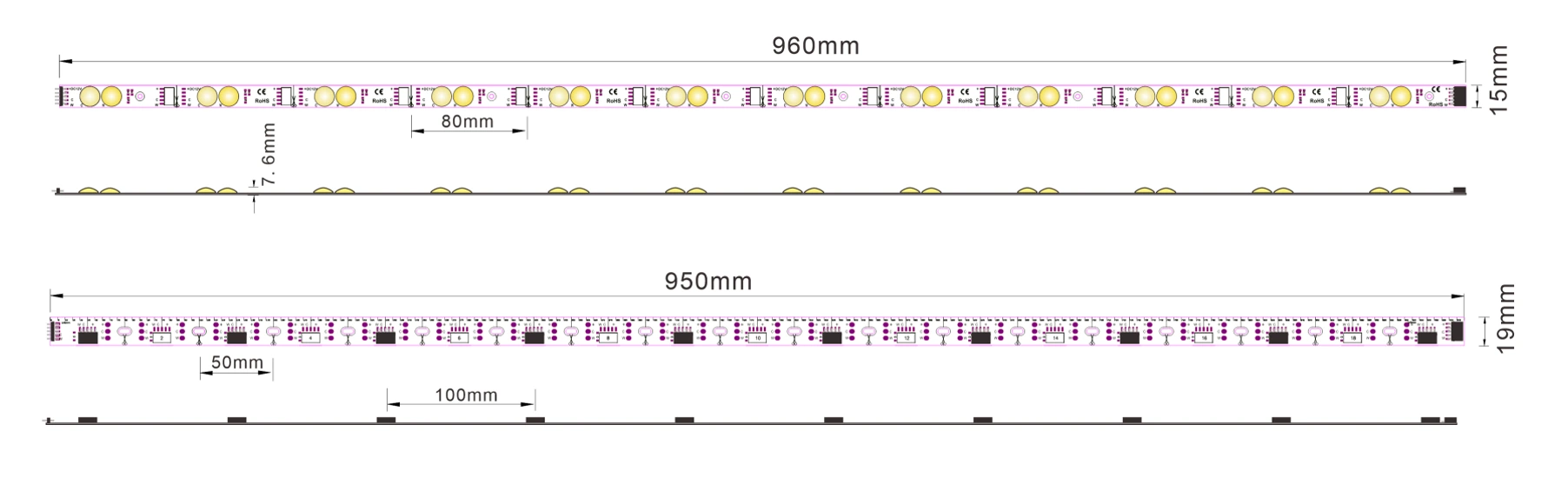 DF90 CCT Tunable White Rigid LED Light Bar Dimensions