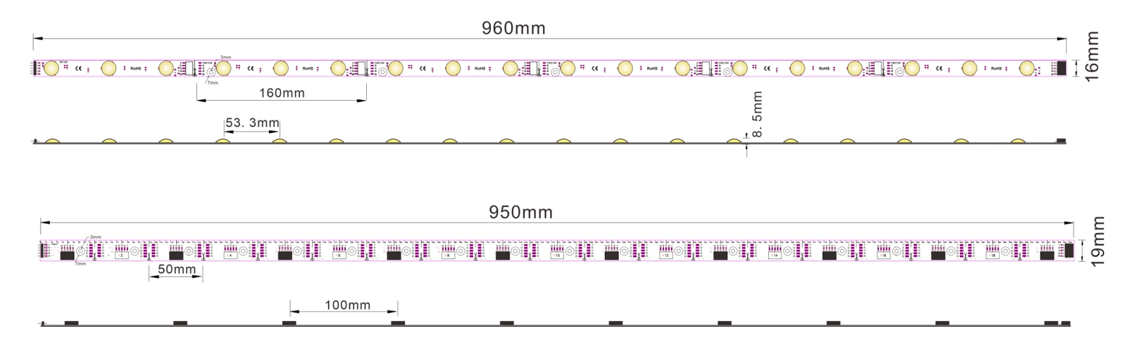 DF90 RGBW diffused LED light box bar dimensions drawing