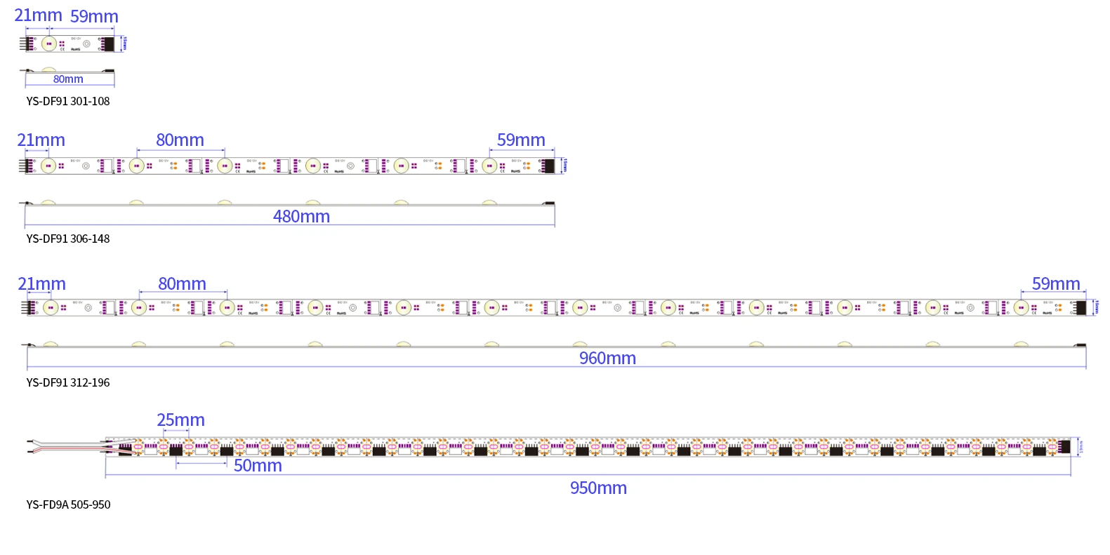 Diffused LED Backlight Bar Dimensions Drawing, DF Series Size Specs