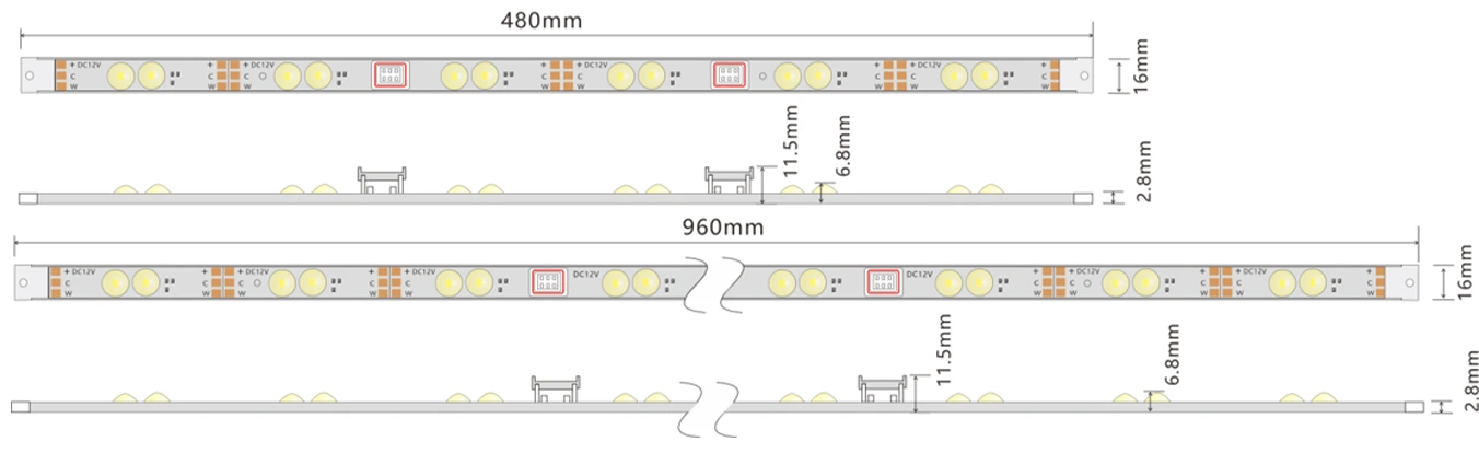Waterproof CCT Tunable Shutter LED Rigid Bar Dimension Drawing