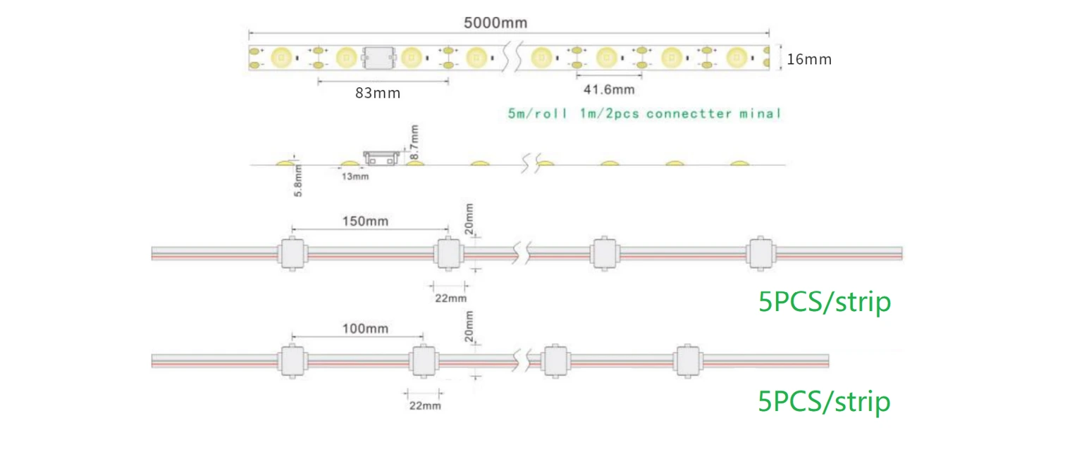 Flexible Shutter LED Strip Light Dimensions & Connector Specs