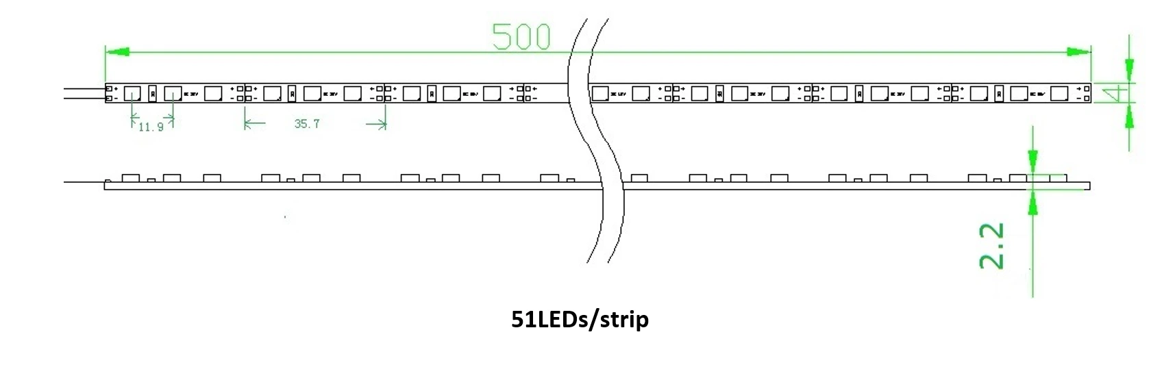 51 LEDs Ultra Narrow Rigid LED Strip 500mm Dimensions Drawing