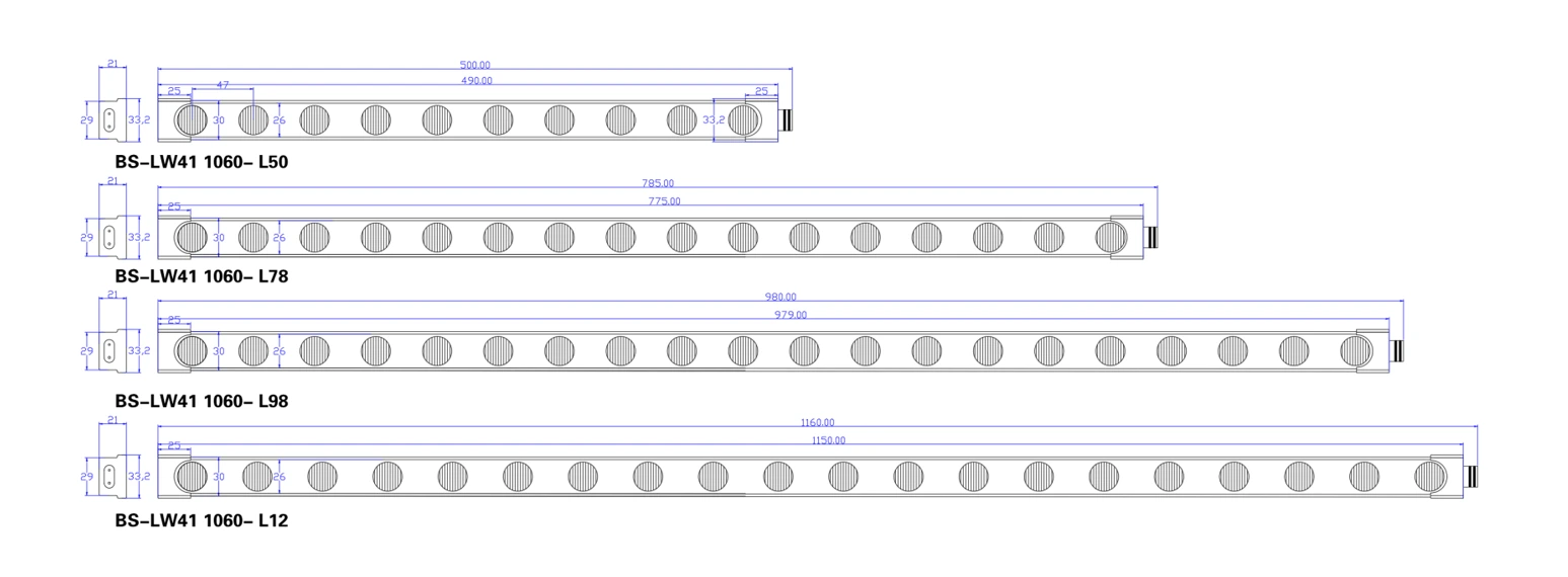 Side view LED light bar dimensions drawing for all models