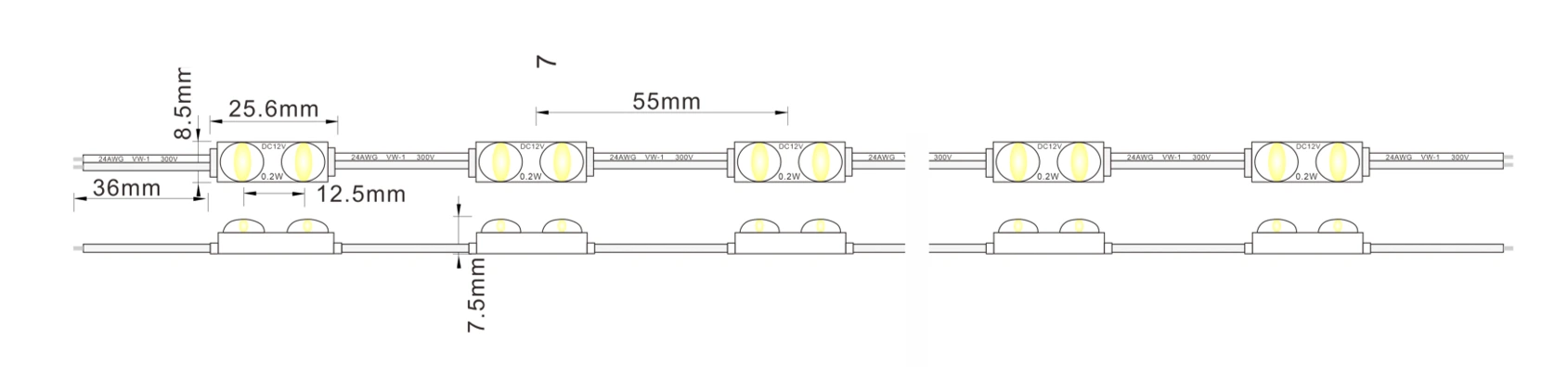 2LEDs Mini LED Sign Module dimensional drawing with size specifications