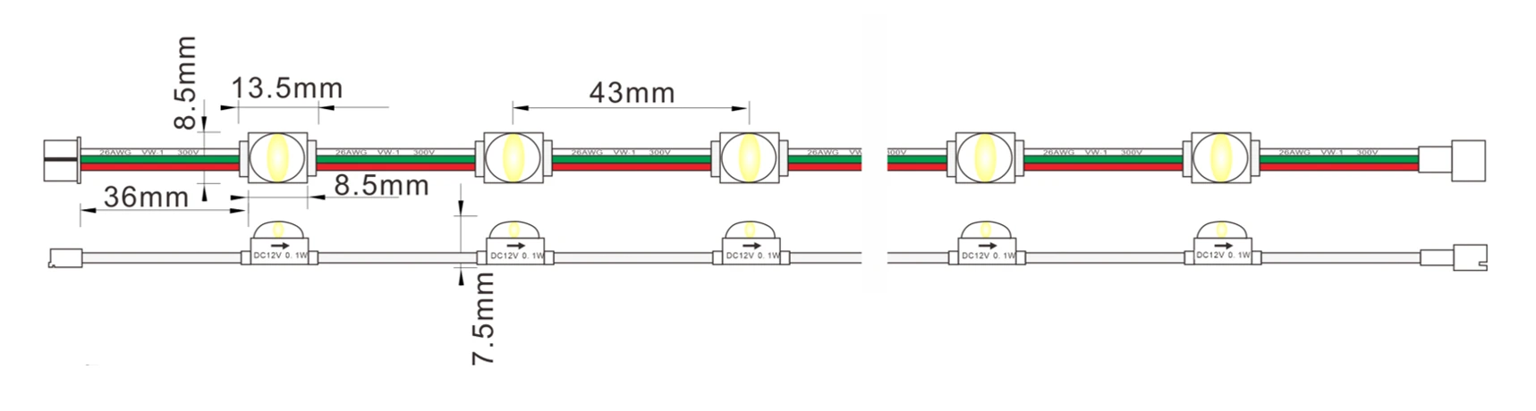 Addressable RGB mini LED module dimensions drawing with detailed size parameters