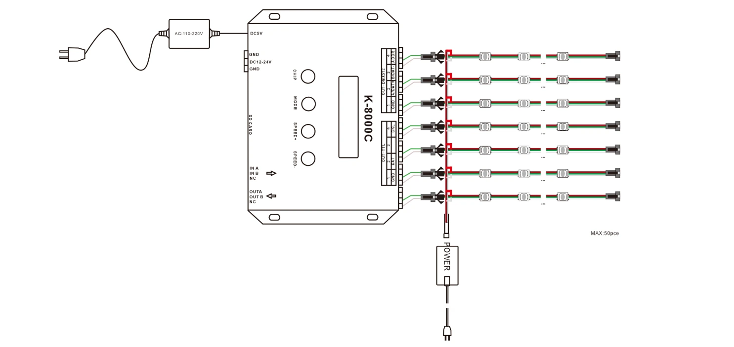 Addressable RGB mini LED module wiring diagram with K-8000C controller