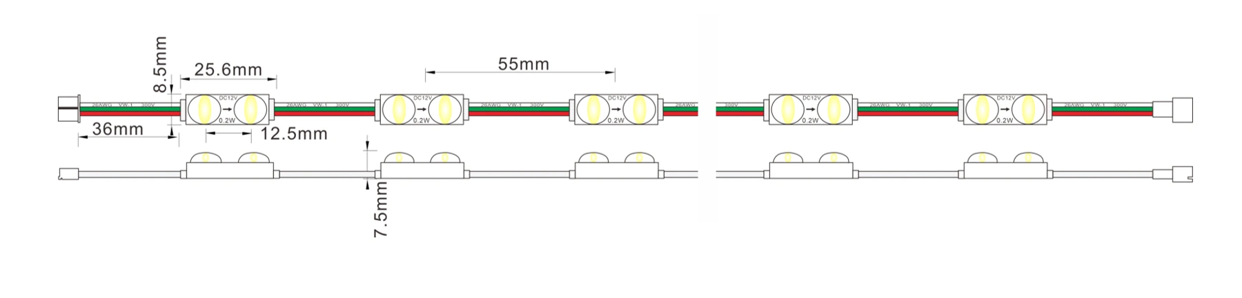 2LEDs Addressable RGB LED Module Dimensions