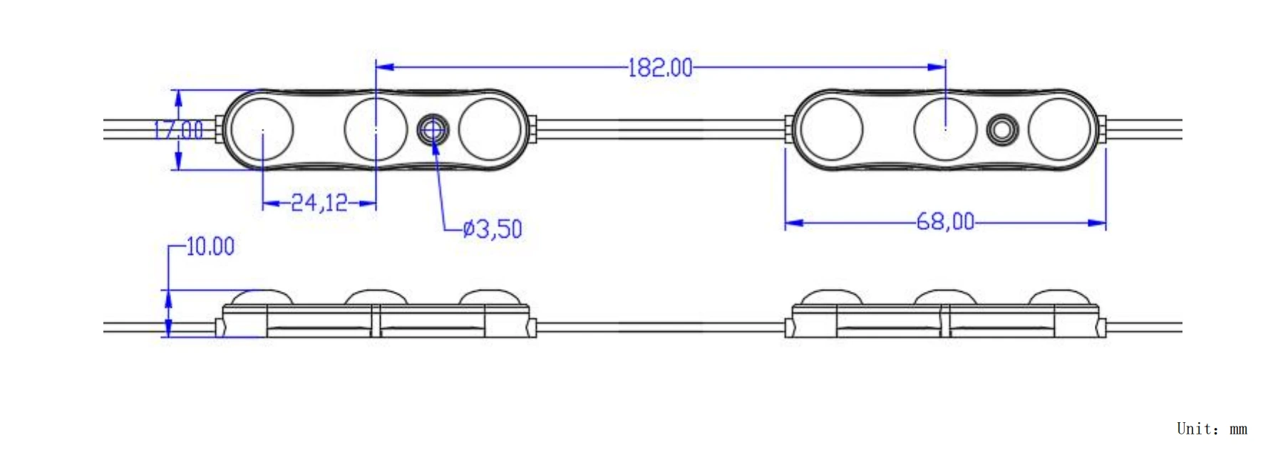 3-LED White Backlight Module Dimensional Drawing with Mounting Holes