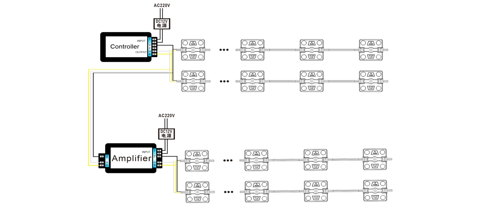DC12V CCT tunable LED module wiring diagram with signal amplifier