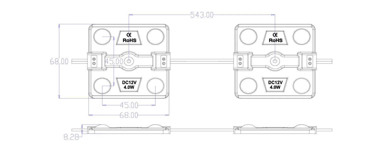 Dimension drawing of 4 LEDs RGB matrix LED light module