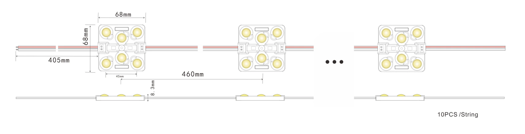 YS-MB8366/8367 6-LED high voltage sign module dimension drawing