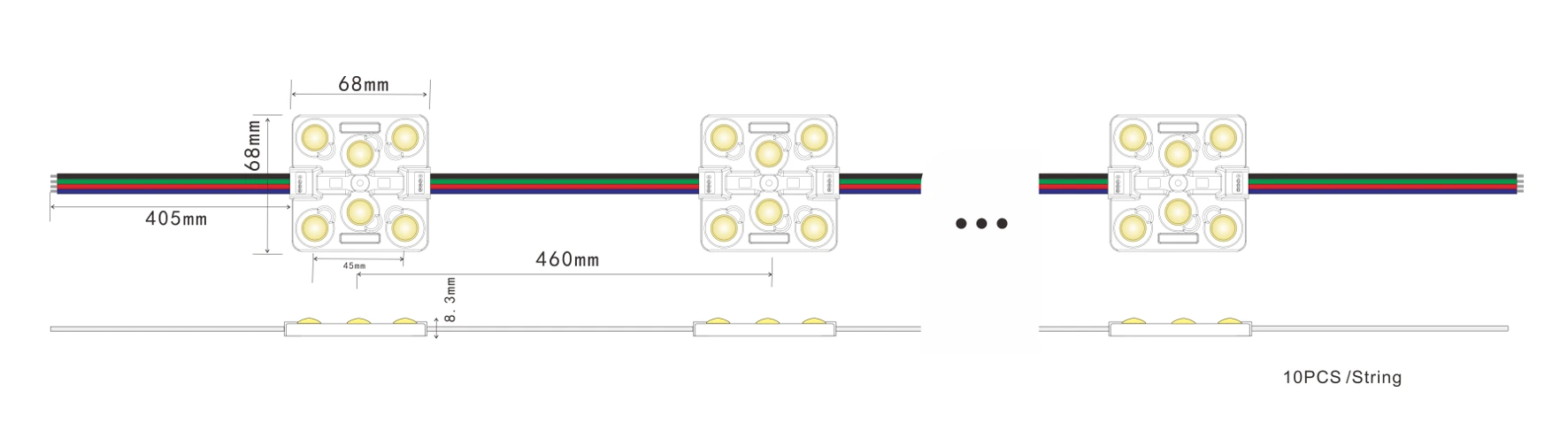 YS-MB8361-RGB 6-LED RGB sign module dimensions drawing
