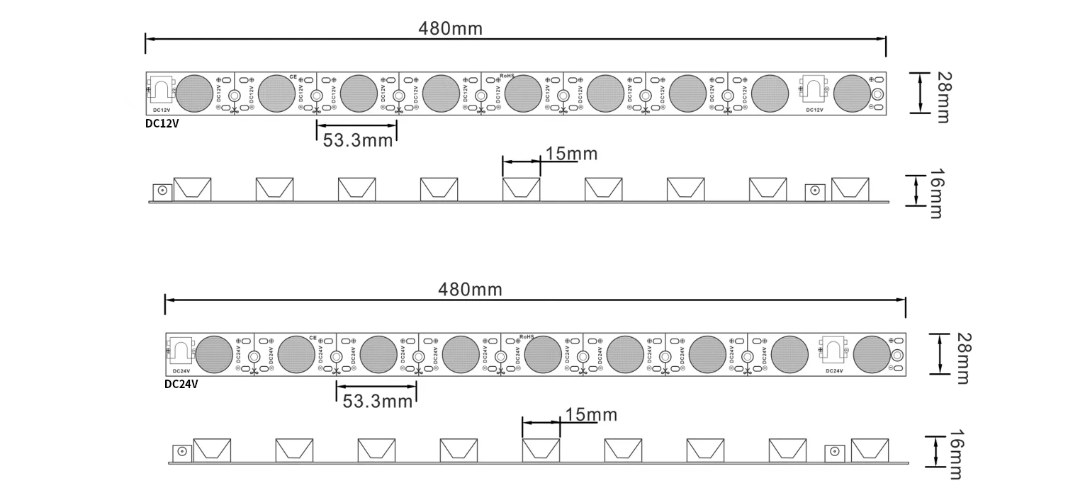 Side Emitting LED Light Bar Dimensions Technical Drawing
