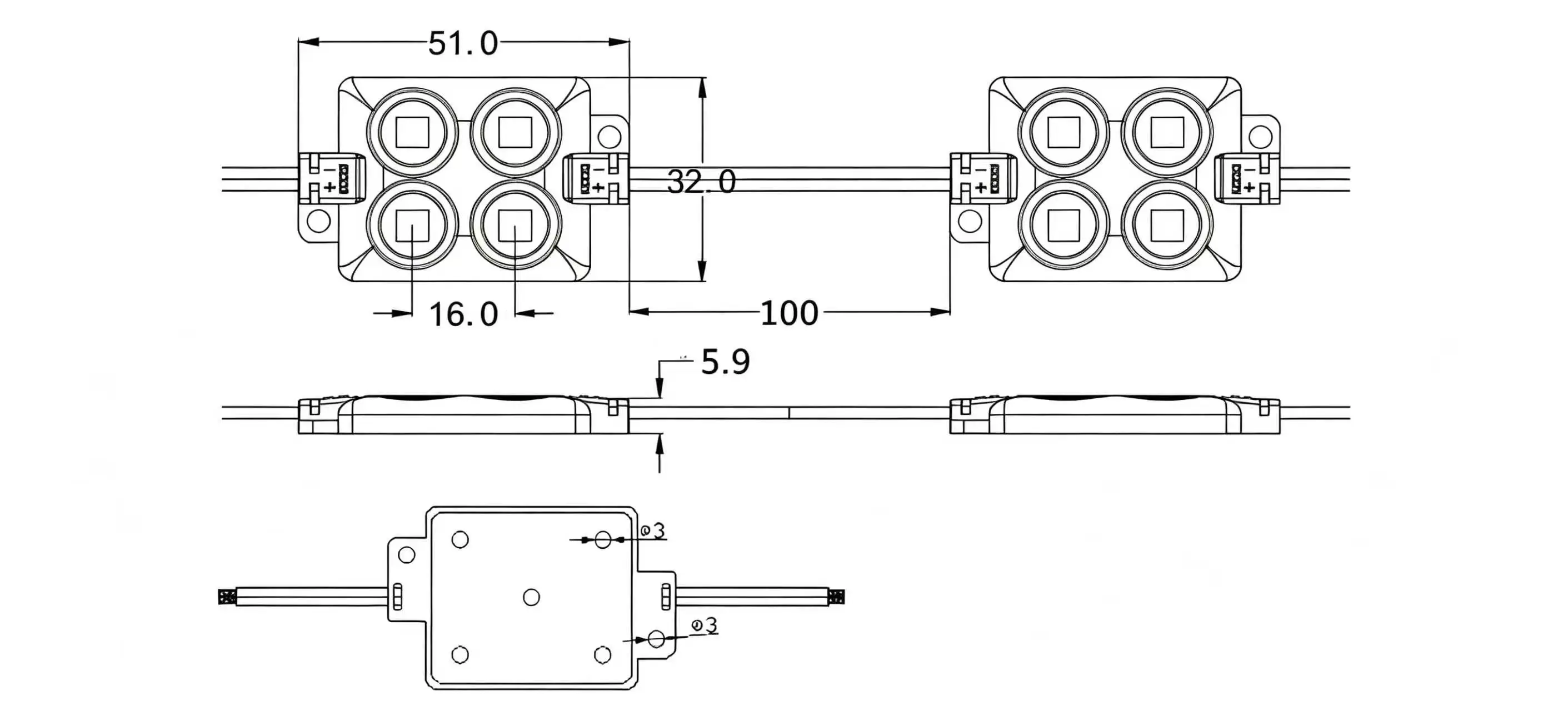 Dimension drawing of 4‑LED SMD5050 RGB backlight module YS‑M42Q41