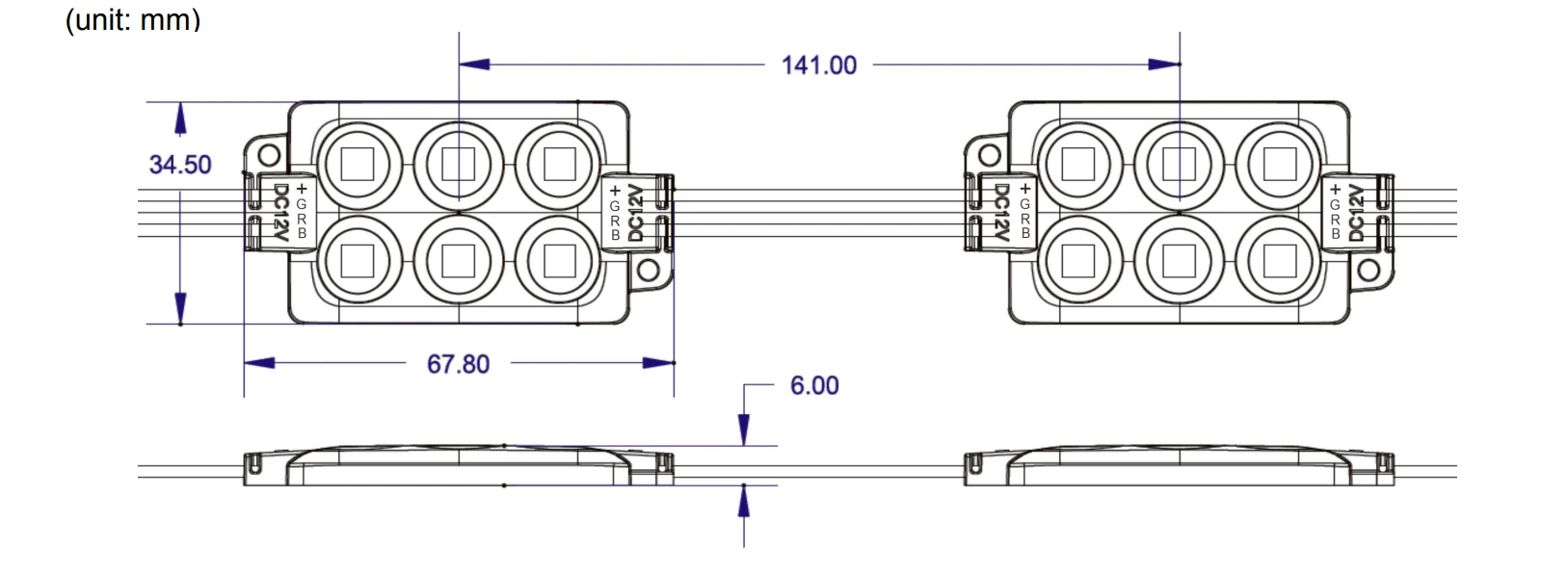 6‑LED SMD5050 RGB LED Module dimension drawing, DC12V