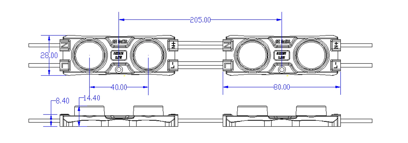 2‑LED high voltage LED module dimension drawing