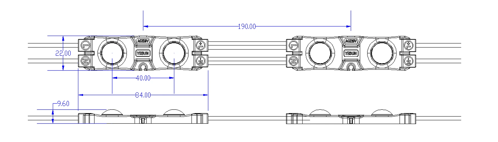 YS-MP7726 2-LED High Voltage Backlight Module Dimensions Drawing