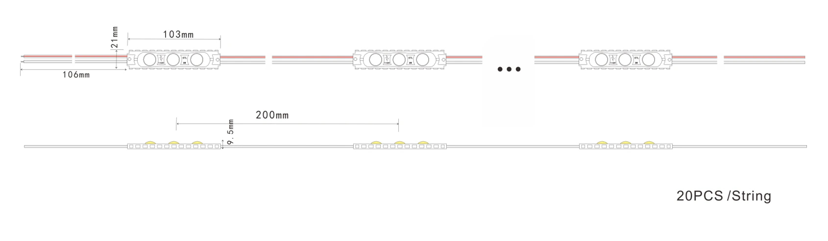 High Voltage White LED Module Dimensions Drawing, 20PCS Per String