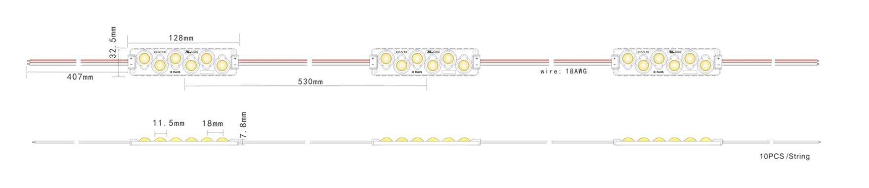 6-LED SMD2835 High Brightness LED Module Dimensions Drawing