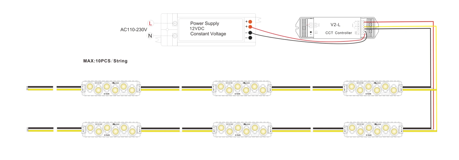 6-LED CCT Tunable White LED Sign Module Wiring Diagram & Installation Guide with CCT Controller