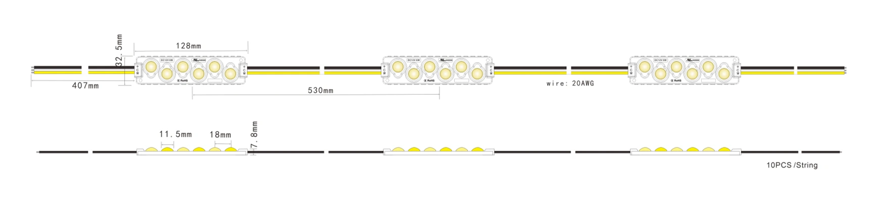 6-LED CCT Tunable White LED Sign Module Dimensions & Size Specification Drawing