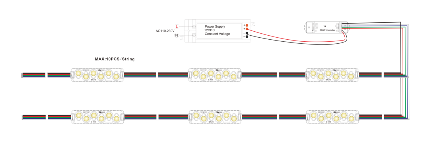 6-LED RGBW LED Module wiring diagram and installation guide