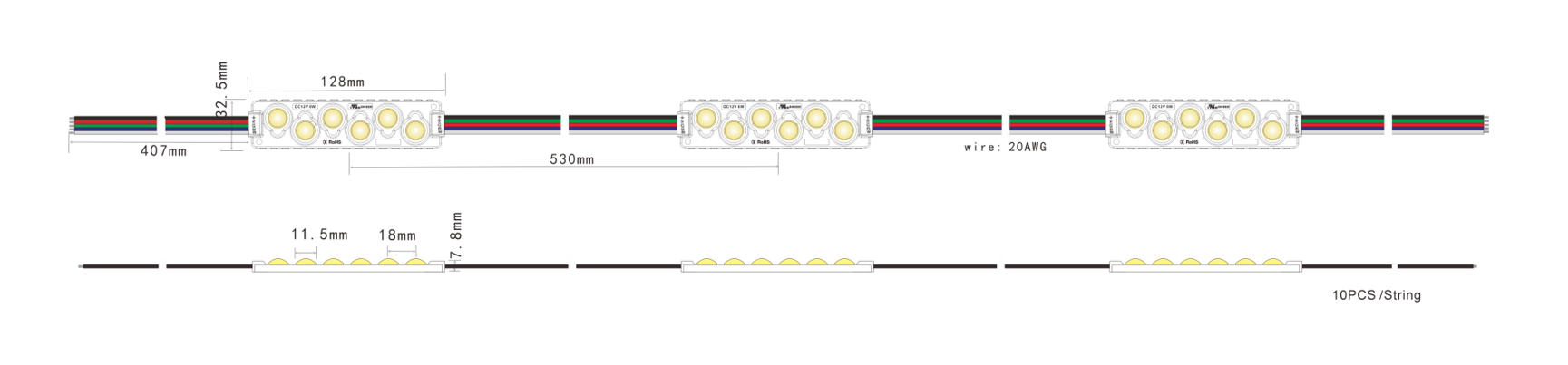 6-LED RGBW LED Module dimensions drawing with size and pitch details
