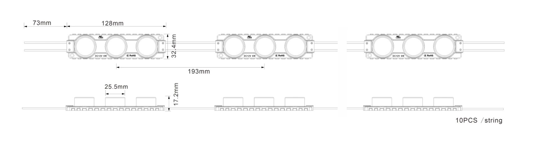 Edge-Lit High Power LED Module Dimensional Drawing in mm