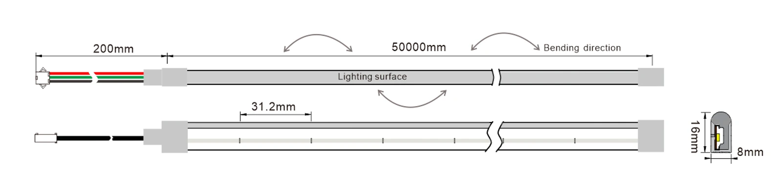 YS-NR0816A-D096 addressable RGB neon LED strip dimensions, 8×16mm cross-section