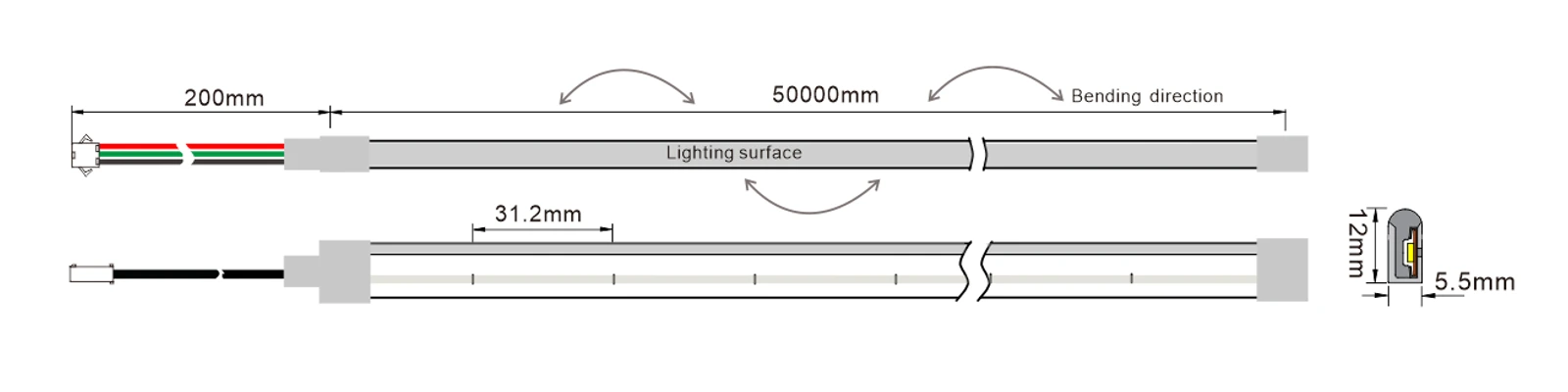 YS-NR0612A-D096 addressable RGB neon LED strip dimensions, 6×12mm cross-section