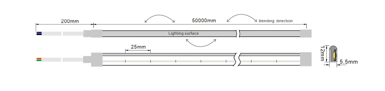 YS-NR0612A-Q120 RGB Neon LED Strip Dimensions 6×12mm 50m