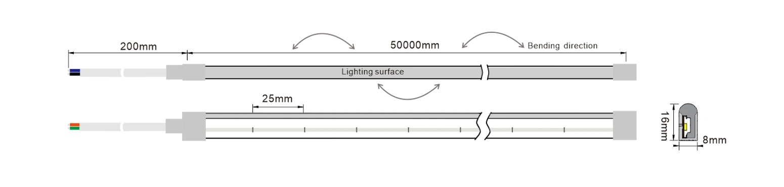 YS-NR0816A-Q120 RGB Neon LED Strip Dimensions 8×16mm 50m
