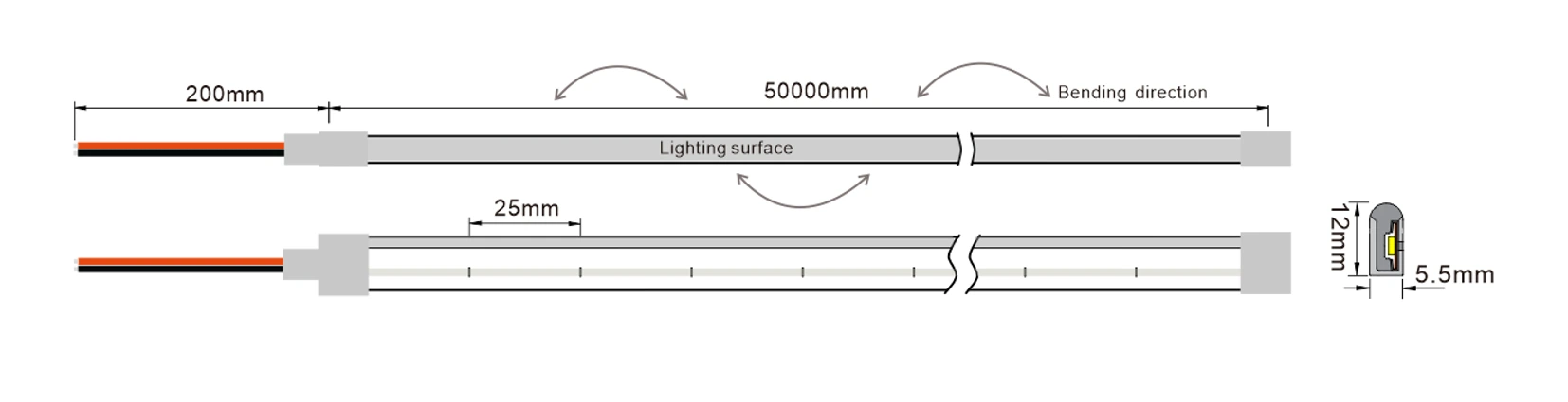 YS-NR0612A-W120 silicone neon LED strip dimensions, 120LEDs/M 2.5cm cuttable