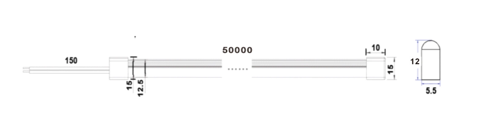 YS-NR0612A-W100 silicone neon LED strip dimensions, 100LEDs/M 1cm cuttable